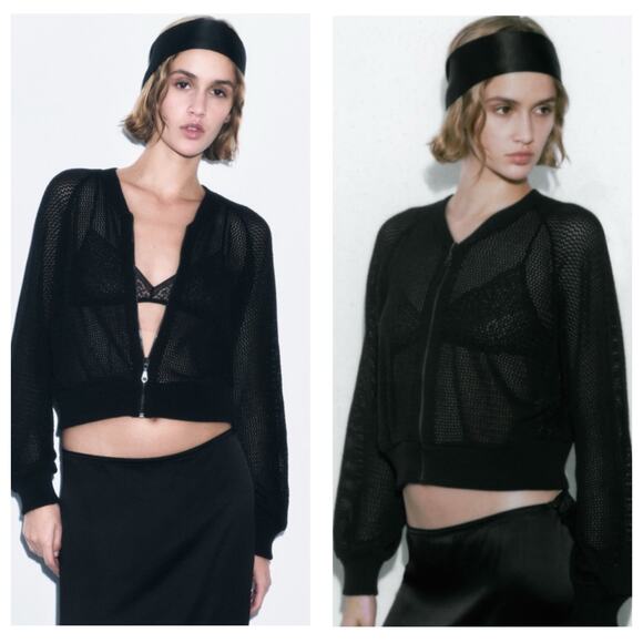 Zara Black Mesh Knit Bomber Jacket Size Small Zip Front Lightweight 2308/010 - Picture 1 of 12